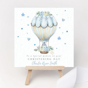 Biglietto di battesimo personalizzato, mongolfiera blu floreale, pinguino, congratulazioni, figlioccio, nipote, cugino, regalo ricordo