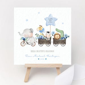 Cartão Safari personalizado "A Little Star is Born" para recém-nascido, elefante, leão, girafa, zebra, flores, bicicleta, animais, neto, sobrinho, olá, lindo
