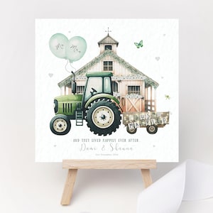 Carte de mariage personnalisée, cadeau souvenir, M. et Mme ferme, tracteur, grange, cour de ferme, église, paysan, remorque, couple, heureux pour toujours, juste marié