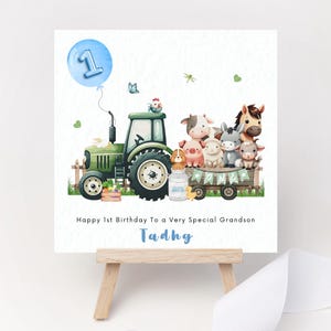 Gepersonaliseerde verjaardagskaart schattig boerderijtractor dieren koe schapen één feestjongen 1e verjaardag zoon kleinzoon neef peetzoon twee drie 2e verjaardag