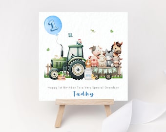 Personalised Birthday Card Cute Farm Tractor Animals Cow Sheep One Party Boy 1st Birthday Son Grandson Nephew Godson Two Three 2nd Birthday