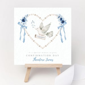 Tarjeta de confirmación personalizada Lazos de cinta azul Floral Paloma Perla Corazón Niño Hijo Nieto Sobrino Primo Ahijado Felicitaciones Regalo Recuerdo