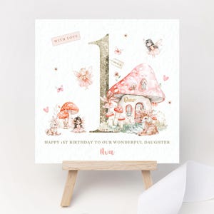Biglietto di auguri di compleanno personalizzato con fata, festa con fiori selvatici nel bosco, per bambina, 1°, 2°, 3° e 4° compleanno, figlia, nipote, cugina, figlioccia