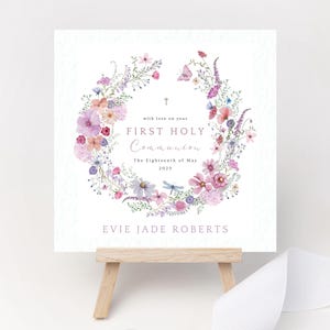 Personalisierte erste heilige Kommunion Karte Blumenwildblumenkranz Andenken individuelles Geschenk Tochter Enkelin Nichte Cousin Patentochter Mädchen