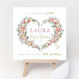 Cartão de aniversário personalizado 30 40 50 60 70 80 Guirlanda floral rosa Qualquer idade Mãe Melhor amiga Irmã Esposa Tia Madrinha Prima Lembrança Cartão Presente