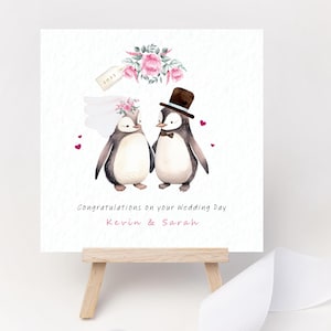 Biglietto di auguri personalizzato per matrimonio con pinguino, ricordo, congratulazioni per il signor e la signora, regalo di nozze, nomi di coppia, felici e contenti, appena sposati, sposi novelli 2025