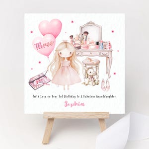 Personalisierte Geburtstagskarte niedliche Prinzessin Beauty Make Up Kosmetik Eitelkeit hübsche Girly Party-Tochter Enkelin Nichte Patentochter Jedes Alter