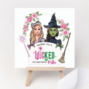 Gepersonaliseerde slechte verjaardagskaart Elphaba Glinda Emerald City heksen roze en groene dochter kleindochter peetdochter nichtje