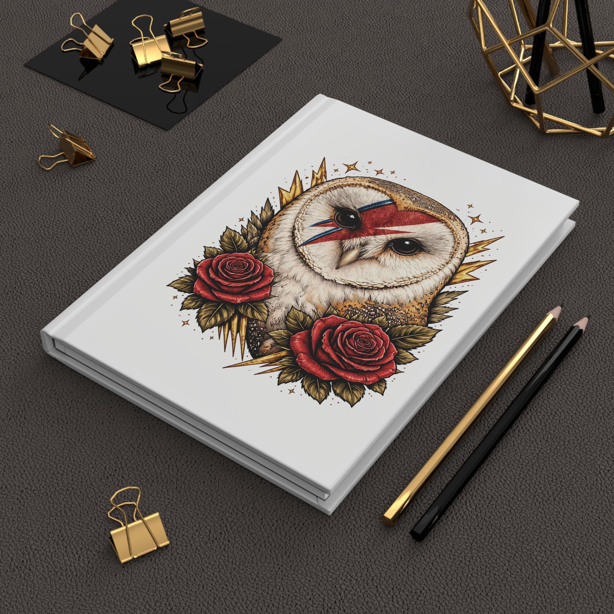 Alladin Sane Barn Owl Hardcover Journal | Rock Star Owl, Roses