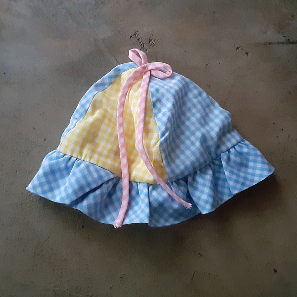 Vintage 70s Baby Toddler Sun Hat Gingham Pink Blue Yellow Boho