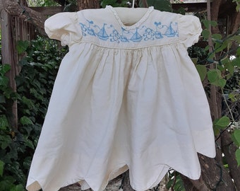 Vintage 60s Baby Girl Cream Dress with Blue Embroidery Puff Sleeve Baby Gift