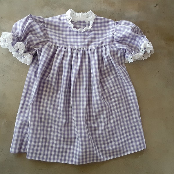 Vintage 70s Toddler Gingham Dress Lavender Girls Checked Prairie Puff Sleeve Dress needs TLC 2T to 3T