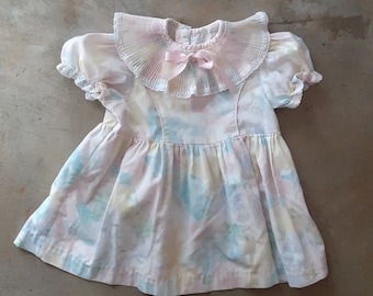 Vintage 80s 90s Girls Dress Pastel Dreamy Painterly Floral Dress Clown Collar 18 months