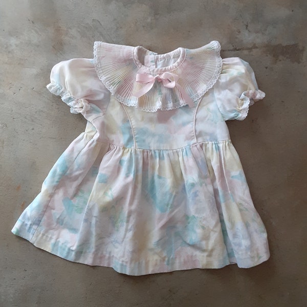 Vintage 80s 90s Girls Dress Pastel Dreamy Painterly Floral Dress Clown Collar 18 months