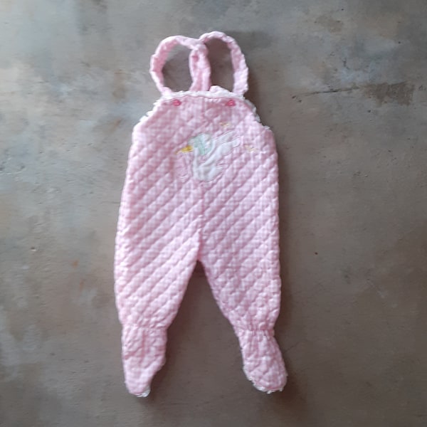 Vintage Baby Overalls Pink Quilted Gingham Stork Girl Baby Footed Overall 3 months