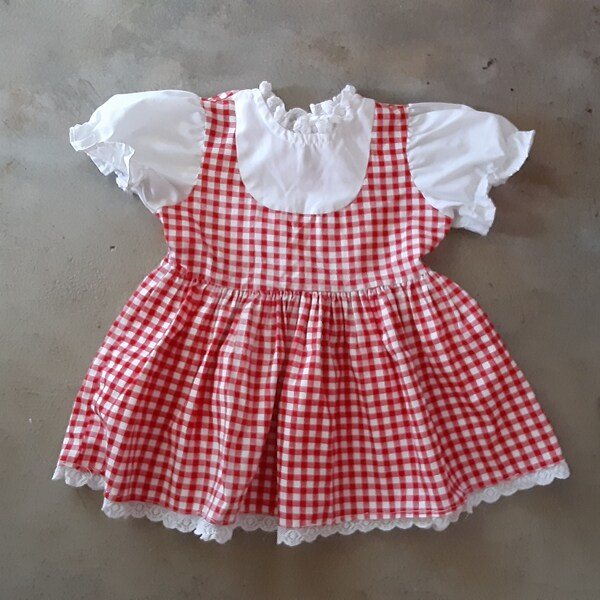 Vintage 60s Toddler Girls Red White Gingham Dress Puff Sleeve Play Condition 2T- 3T