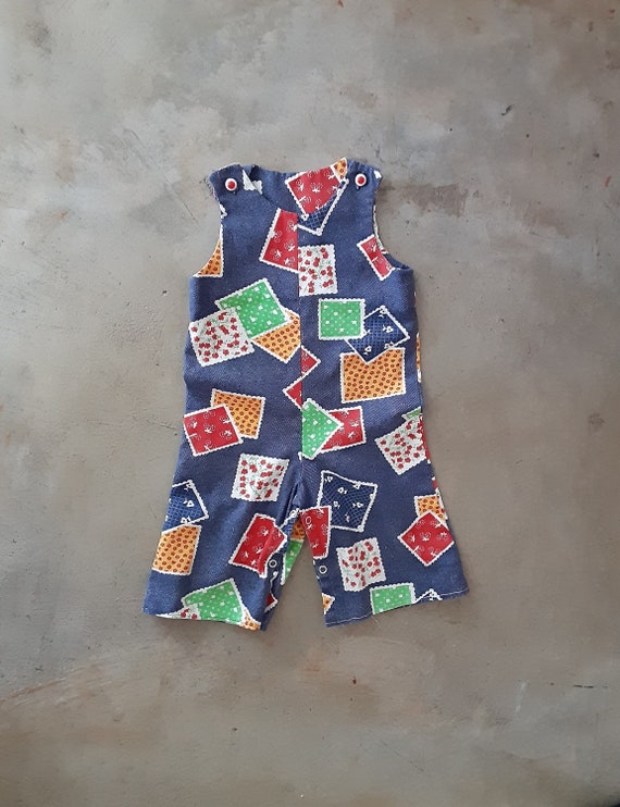 Vintage Baby Overalls Faux Oatchwork Print  Handm… - image 1