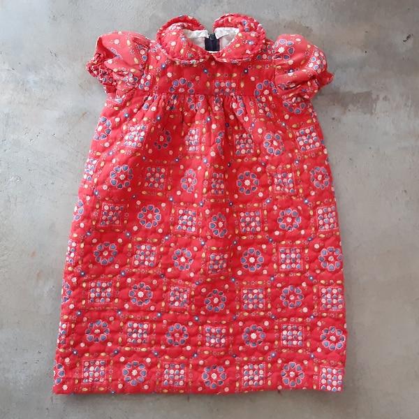 Vintage 70s Quilted Red Floral Dress Puff Sleeve Folk Floral Print 2T to 3T