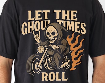 Halloween Skeleton Biker T-shirt, Grim Reaper Biker Tee, Biker Skeleton Shirt, Rock On Halloween Motorcycle Shirt, Cool Dad Gift, Biker Gift