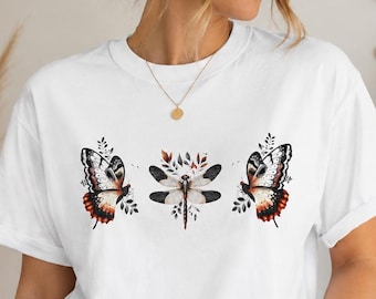 Dragonfly & Butterfly Cottagecore Nature Tee, Boho Graphic T-Shirt, Fairycore Botanical Shirt