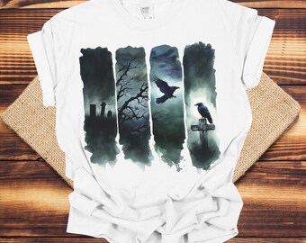 Spooky Halloween Graveyard Raven Shirt, Trendy Brushstroke Black Bird Shirt, Dark Gothic Gifts, Witchy Tee, Raven Gift, Spooky Season Tshirt