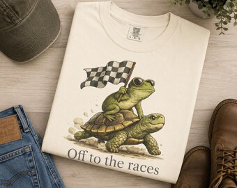 Turtle and Frog Racing Checkered Flag T-shirt, Off to the Races Tee, Funny Frog Turtle Shirt, Vintage Frog Graphic Tee