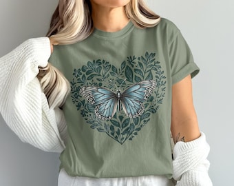 Botanical Butterfly Heart Shirt, Floral Nature Graphic Tee, Cottagecore Aesthetic T-Shirt, Vintage Garden Butterfly Top, Spring Sweatshirt