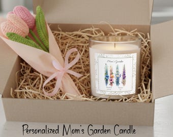 Personalized Mom’s Garden Gift Set, Custom Birth Flower Candle & Crocheted Tulip Bouquet, Mother’s Day Gift, Birthday Keepsake Gift for Mom