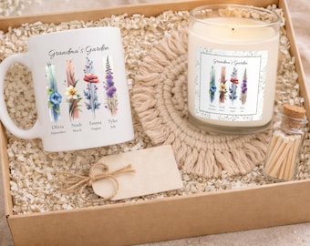 Personalized Grandma’s Garden Gift Set, Custom Name and Birth Flower Candle & Mug Boxed Gift, Keepsake Gift for Grandma, Custom Boxed Gift
