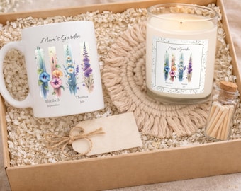 Personalized Mom’s Garden Gift Set, Custom Name and Birth Flower Candle & Mug Boxed Gift, Mother’s Day Gift, Birthday Keepsake Gift for Mom