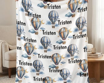 Personalized Hot Air Balloon Blanket, Custom Name Blanket, Baby Blanket, Nursery Decor, Celestial Blanket, Stars Blanket, Kids Blanket