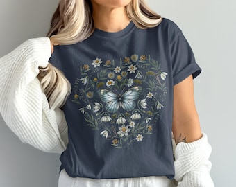 Butterfly Floral Heart T-Shirt, Botanical Butterfly Top, Cottagecore Butterfly Shirt, Wildflower Graphic Tee, Nature Aesthetic Shirt
