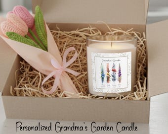 Grandma’s Garden Personalized Gift, Custom Birth Flower Candle Boxed Gift Set, Grandma Gift from Grandkids, Grandchildren Names Keepsake