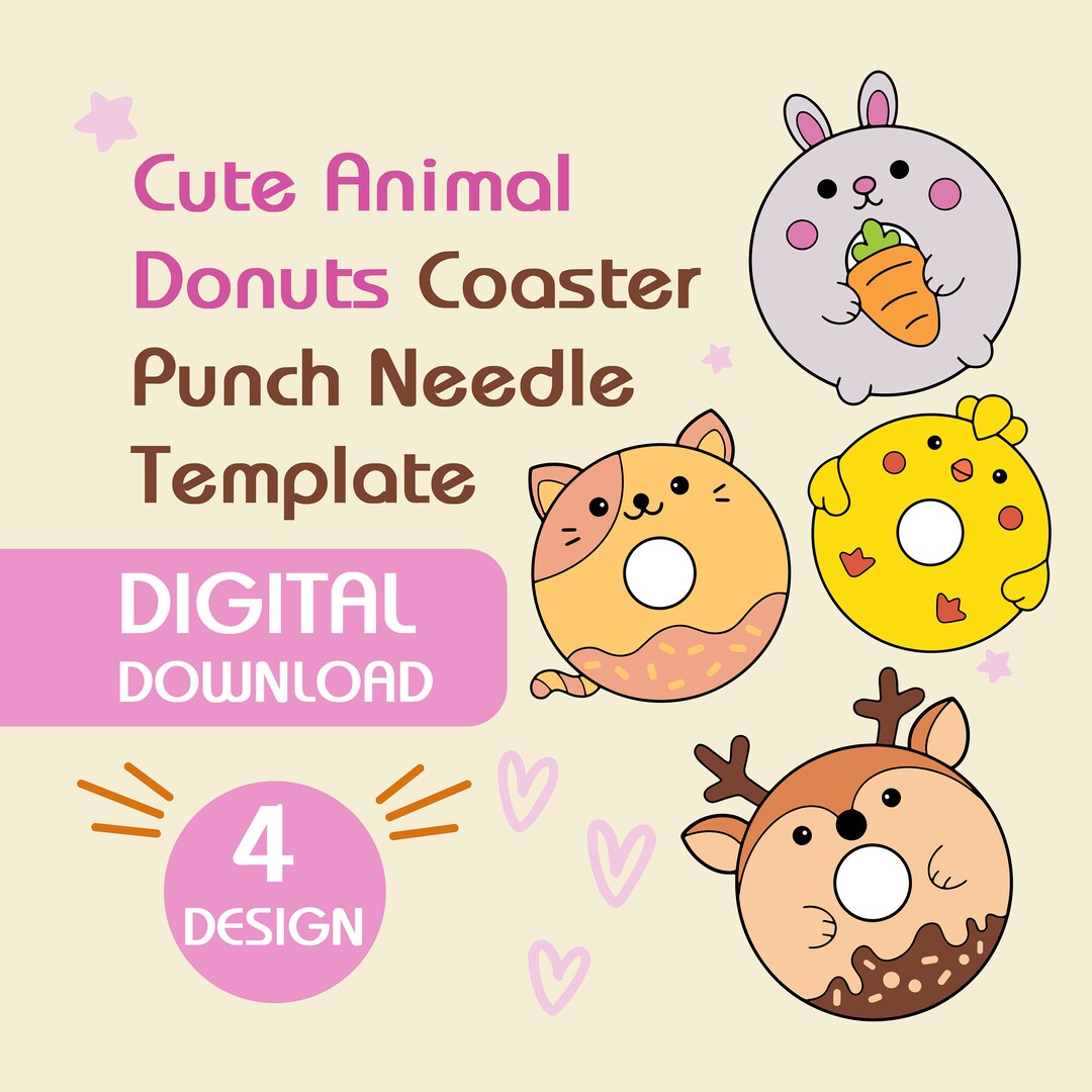 Cute Animal Donuts Coaster Punch Needle Template, Mug Rug, Punch Needle ...