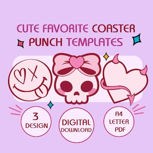 Può includere: Tre modelli di sottobicchieri digitali stampabili in formato A4 lettera PDF. I design presentano un teschio rosa con un fiocco, un cuore rosa con corna da diavolo e un viso sorridente rosa con un cuore e una X.