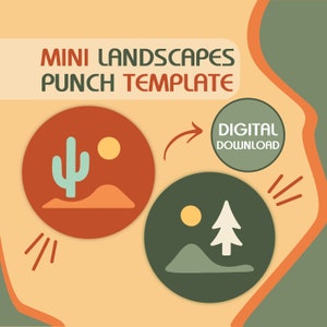 Könnte beinhalten: Zwei digitale Download-Vorlagen für Mini-Landschaften. Die erste Vorlage zeigt einen Kaktus und eine Sonne in einer Wüstenlandschaft. Die zweite Vorlage zeigt eine Kiefer und eine Sonne in einer Waldlandschaft. Beide Vorlagen sind in Kreisen mit einem rot-orange-grünen Farbschema gehalten.