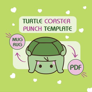 May include: A printable template for a turtle-shaped coaster. The template is designed to be punched out and used to create a mug rug or coaster. The image shows a cartoon turtle with its head tucked in, and the words "MUG RUG" and "PDF" are included in the image.