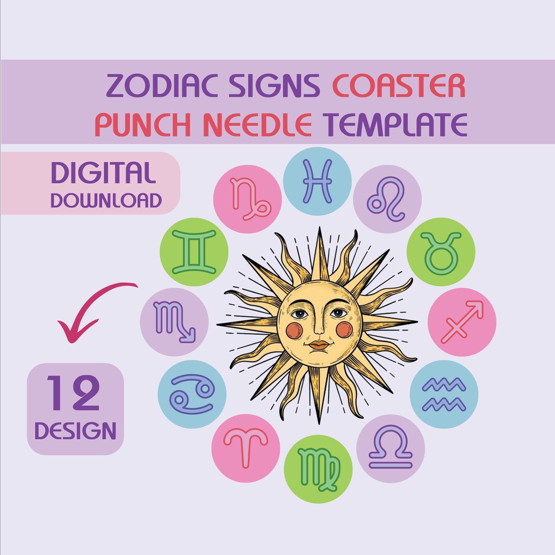 Zodiac Signs Punch Needle Coaster Patterns: 12 Printable Designs ...