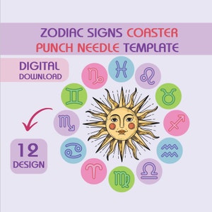 Wzory podstawek pod kubek z igłą zodiaku, 12 wzorów do druku w formacie PDF, symbole zodiaku, sztuka włóczki, pobieranie cyfrowe, symbolika symboliczna