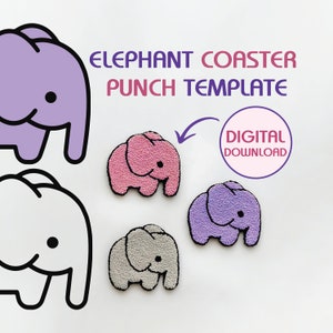 Peut inclure: Modèle de découpe numérique pour la création de dessous-de-verre en forme d'éléphant. Le modèle comprend trois éléphants de couleurs différentes : rose, violet et gris.