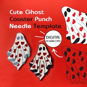 Puede incluir: Plantilla de descarga digital para un proyecto de bordado con aguja de punzón en forma de fantasma lindo. La plantilla presenta un fantasma blanco con corazones rojos y un fantasma negro con corazones blancos.