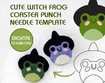 Cute Witch Frog Coaster Punch Needle Template, Mug Rug, Punch Needle Pattern, Punch Needle, PDF Pattern, Yarn Art, Digital Download, Frogs