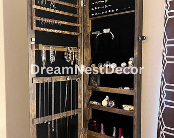 Wall Mounted Wooden Jewelry Armoire Cabinet Full Length Mirror | Jewelry Organizer | Jewelry Storage | Jewelry Display | Gift For Her