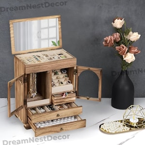 4-Schicht-Schmuckschatullen aus Holz mit Spiegel | Große Schmuckschatulle | Schmuckaufbewahrung | Brautjungfer Geschenkbox | Schmuck Organizer | Geschenk für sie