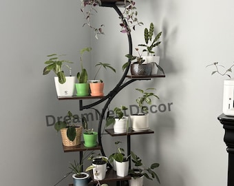 8-stufiger Blumenständer aus Holz und Metall | Übertopf Blumentopf | Moderne Blumenbank | Eck Blumenbank | Blumenständer groß | Zimmerpflanzenregal