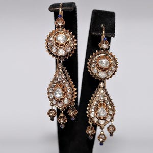 Antique Circa 1900s 16k Gold Ottoman Natural Rose Cut Diamond Drop Earring