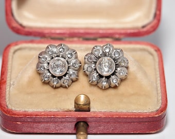 Antique Circa 1900s 14k Gold Top Silver Natural Rose Cut Diamond Earring