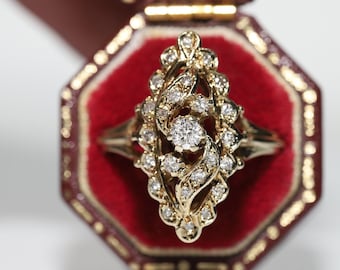 Vintage Circa 1970s 14k Gold Natural Diamond Decorated Navette Ring