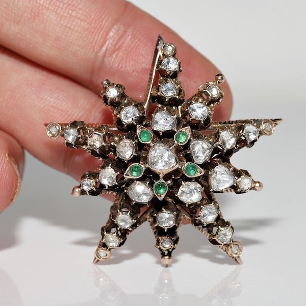 Antique Circa 1870s 8k Gold Natural Rose Cut Diamond And Emerald Star Brooch