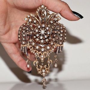 Antique Circa 1900s 9k Gold Natural Rose Cut Diamond Flowers Big Brooch